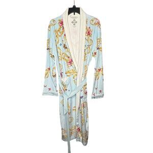 Wrap Up by VP Blue Baroque Butterfly Floral Mirco Terry Short Robe One Size
